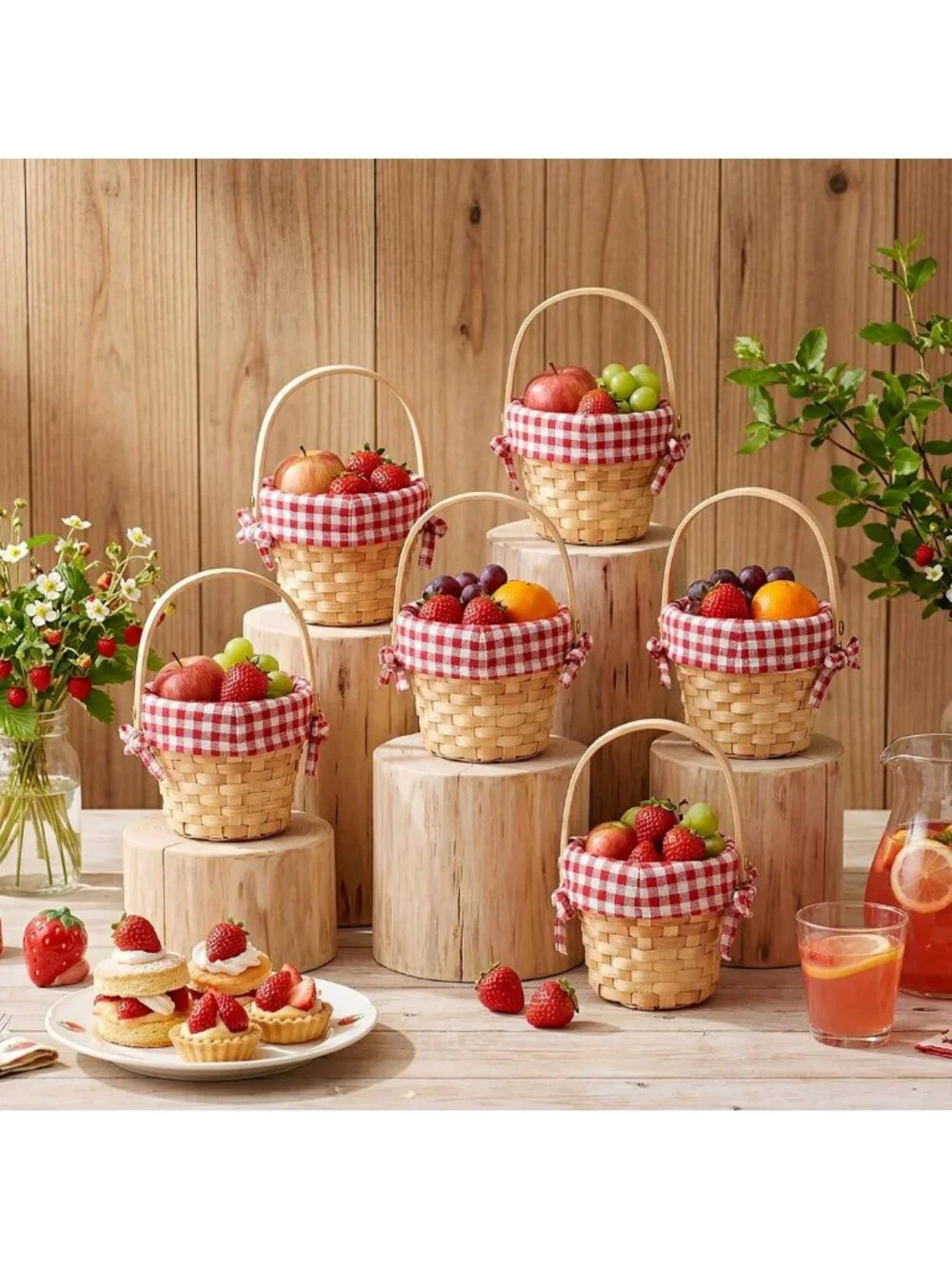 Set of 6 Mini Wooden Baskets with Handles - Red Plaid Decorative Storage Bins